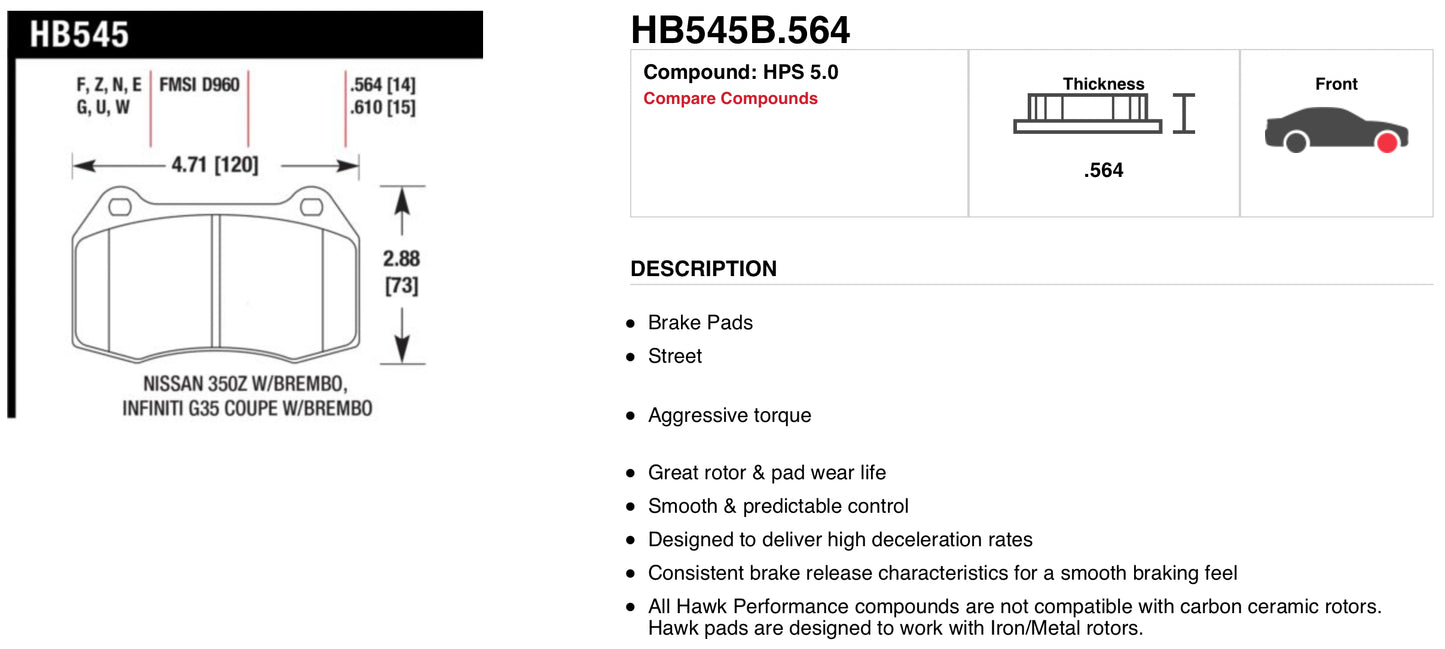 Hawk Performance VQDE Front Brake Pads (OEM Brembo) (HB545B.564)