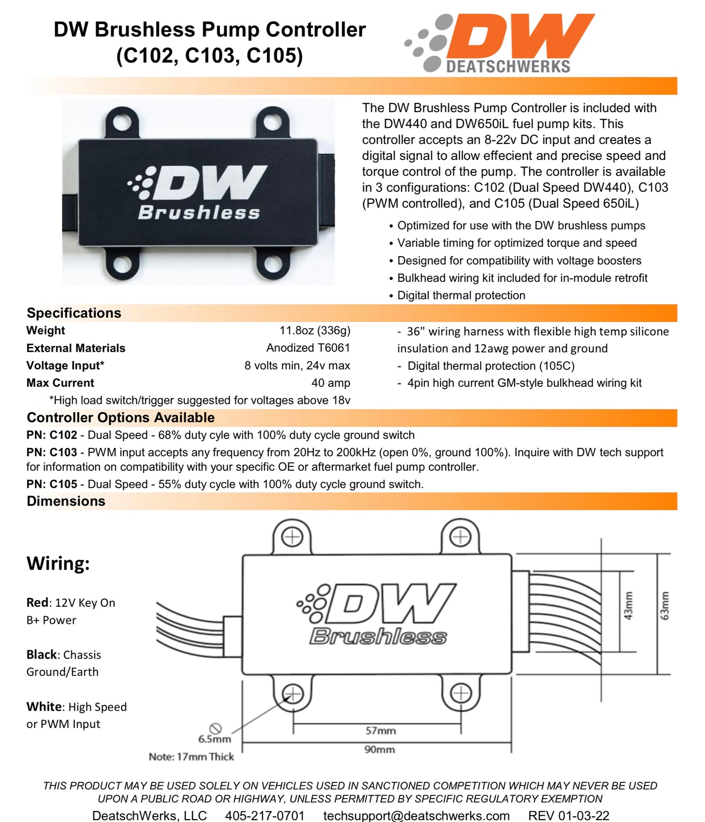 Deatschwerks 440lph in-tank brushless fuel pump w/install kit + C103 Controller