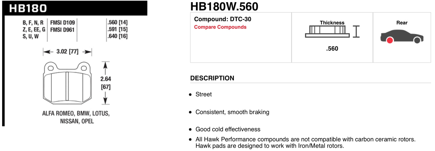 Hawk Performance VQDE Rear Brake Pads (OEM Brembo) (HB180W.560)