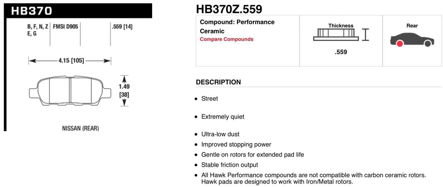 Hawk Performance VQDE, VQHR, VHR Rear Brake Pads (OEM Nissan) (HB370Z.559)