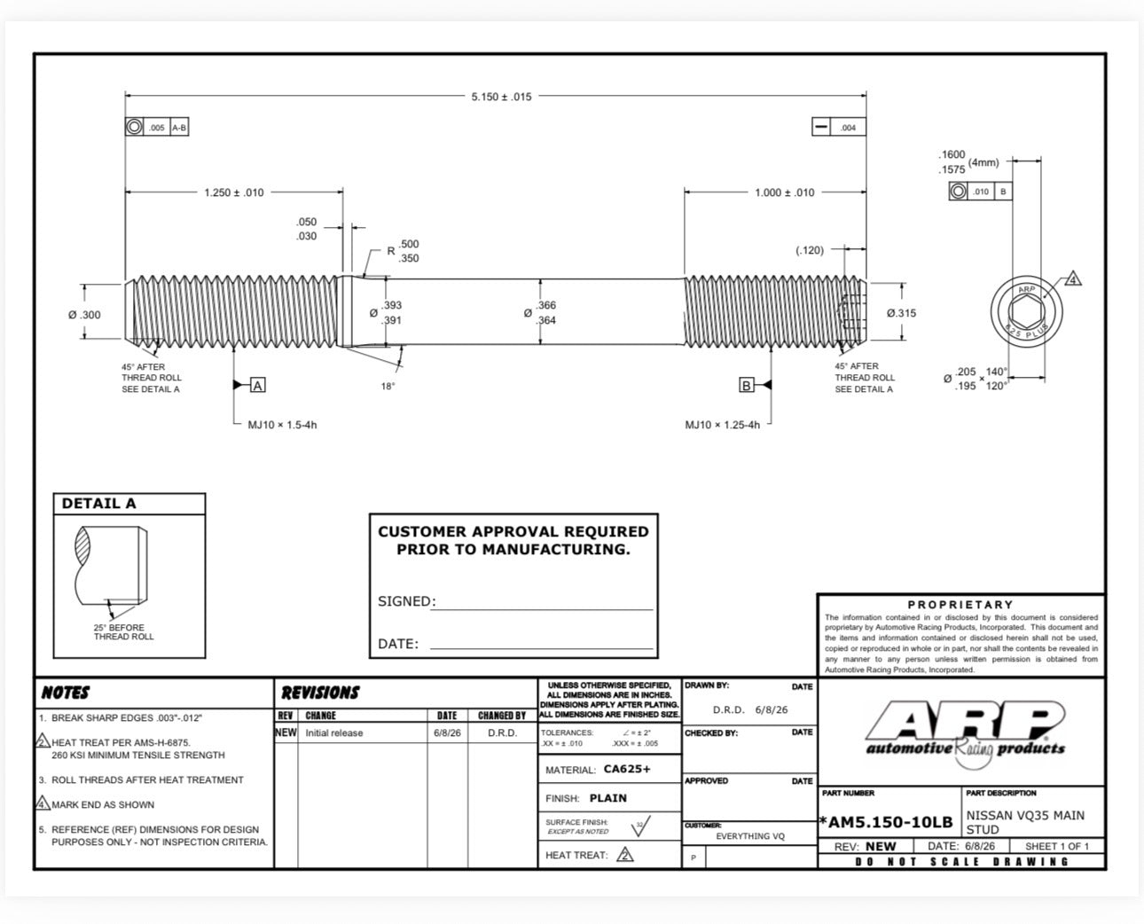 ARP VQDE VQHR VQVHR 625+ Custom Aged Main Stud Kit