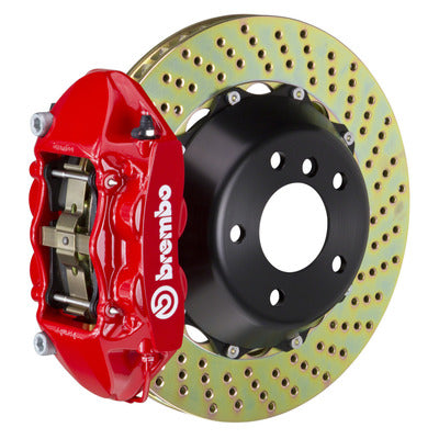 Brembo GT 4 Piston Monoblock Brake Kit Rear with 345mm x 28mm 2piece Rotors, Brackets, & Steel Braided Hoses - Red (2P1.8023A2)