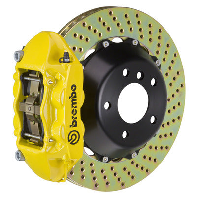 Brembo GT 4 Piston Monoblock Brake Kit Rear with 345mm x 28mm 2piece Rotors, Brackets, & Steel Braided Hoses - Yellow (2P1.8023A5)