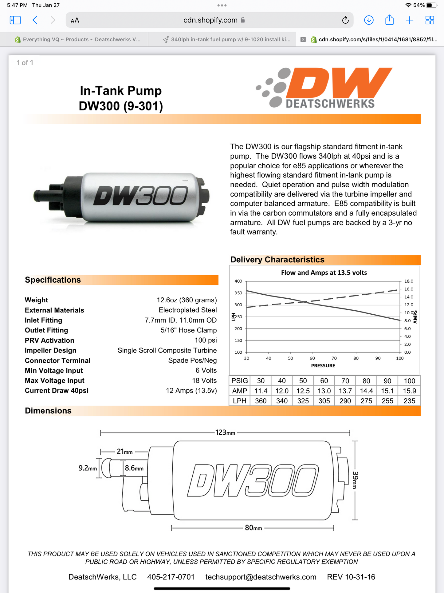 Deatschwerks VHR DW300 series 340lph in-tank fuel pump w/ install kit