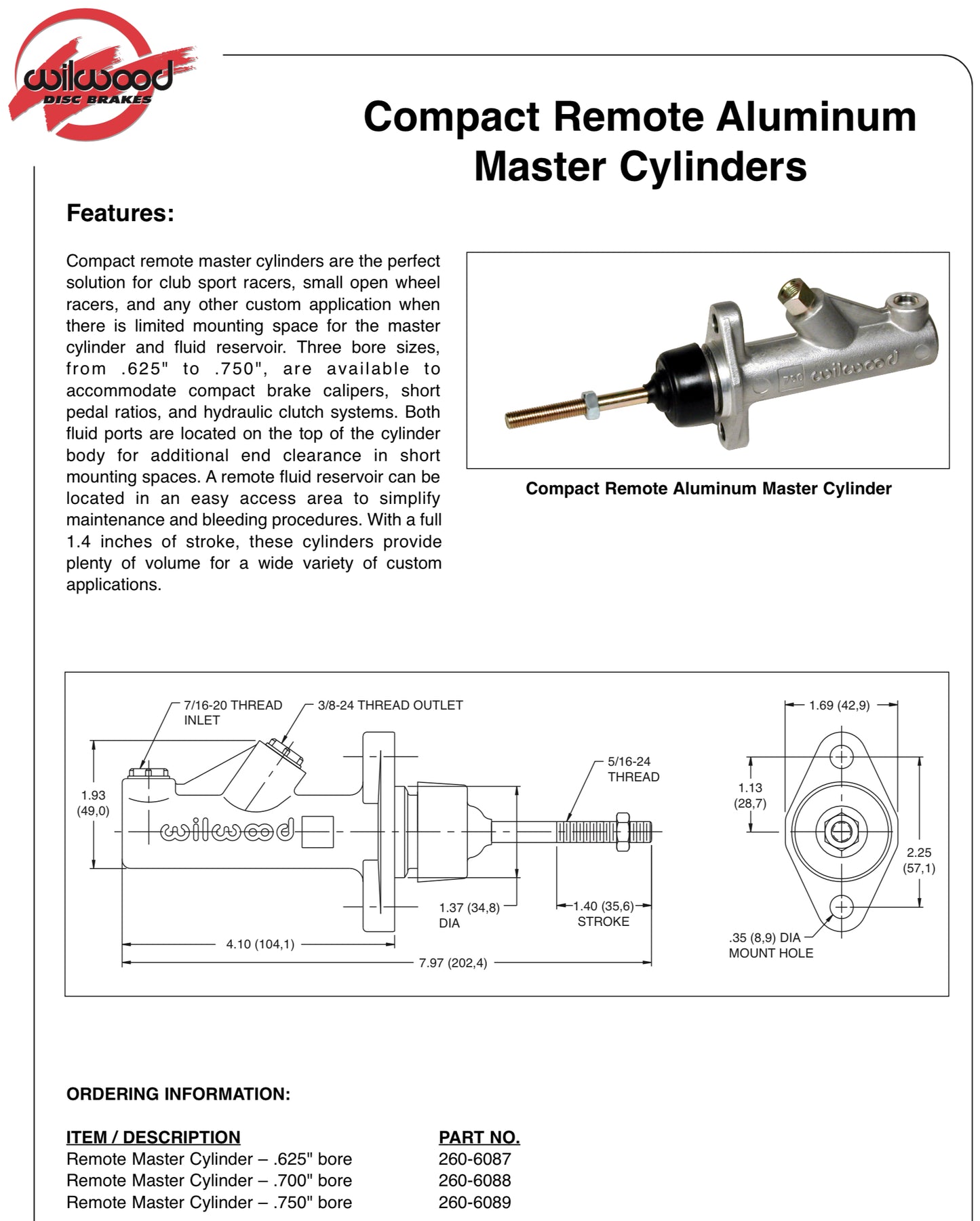 Wilwood VQDE VQHR Master Brake or Clutch Cylinder Kits (260-6087)