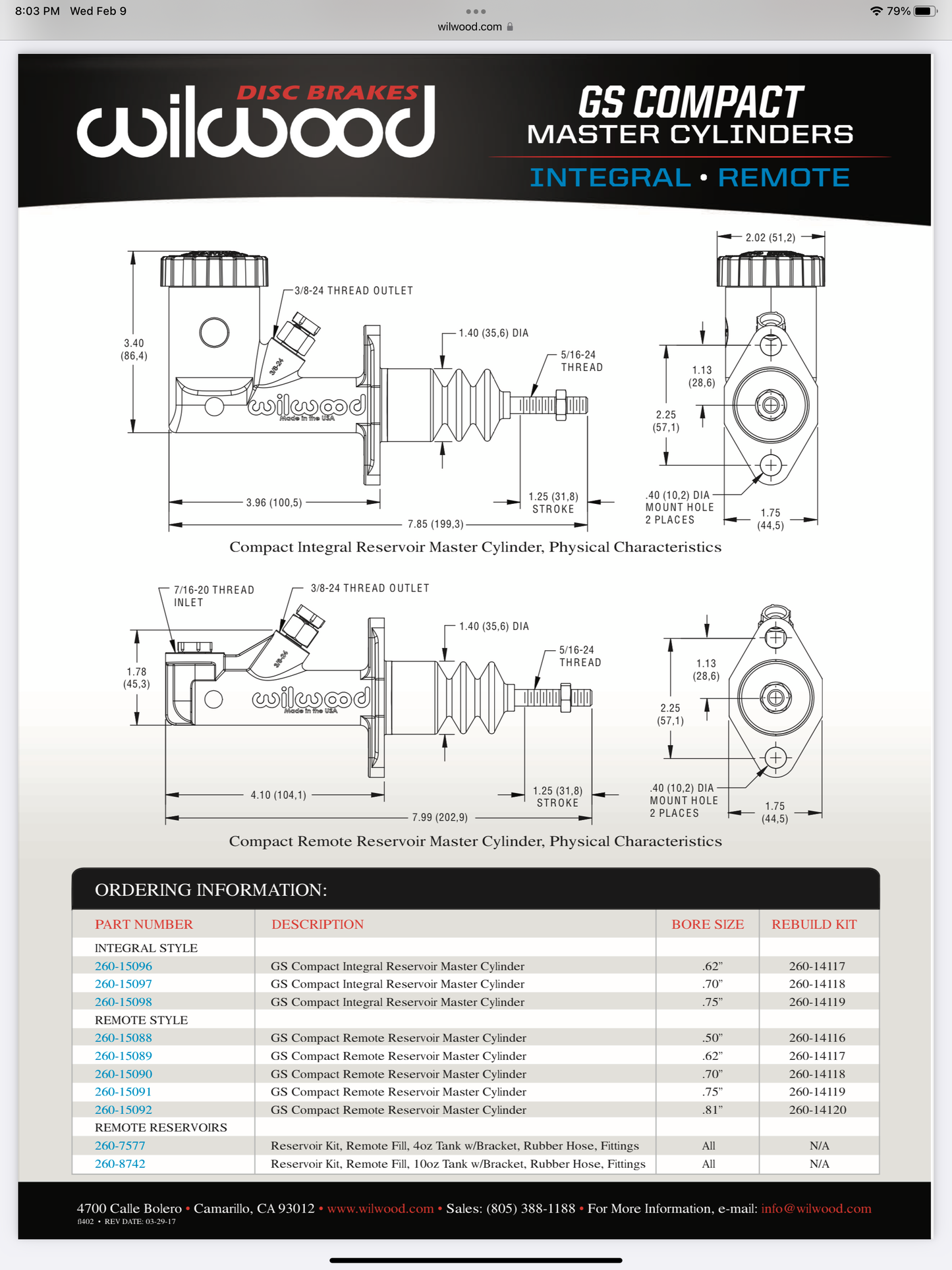 Wilwood VQDE VQHR Master Brake or Clutch Cylinder Kits (260-15000)