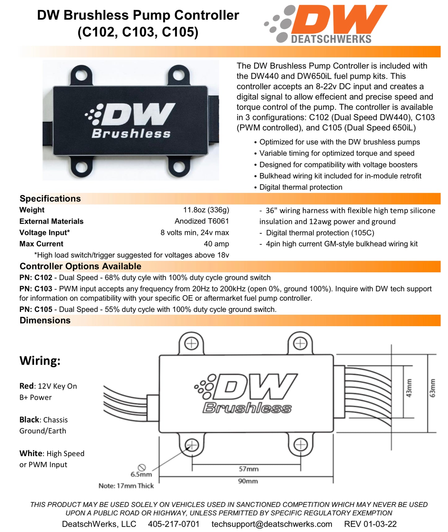 Deatschwerks VHR 440lph in-tank brushless fuel pump w/ 9-0904 install kit + C102 Controller