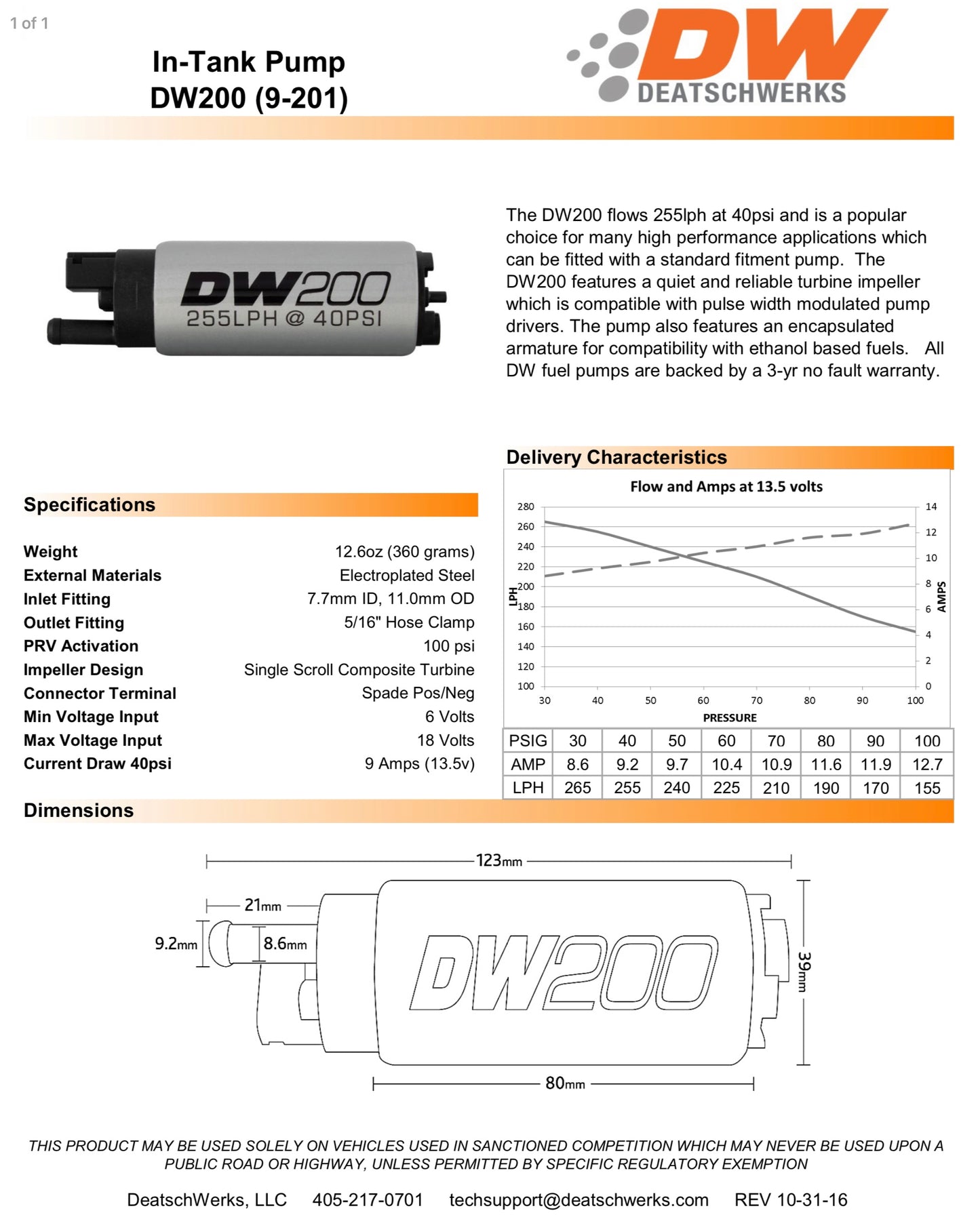 Deatschewerk VQDE VQHR 255lph Fuel Pump