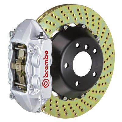 Brembo GT 4 Piston Monoblock Brake Kit Rear with 345mm x 28mm 2piece Rotors, Brackets, & Steel Braided Hoses - Silver (2P1.8023A3)