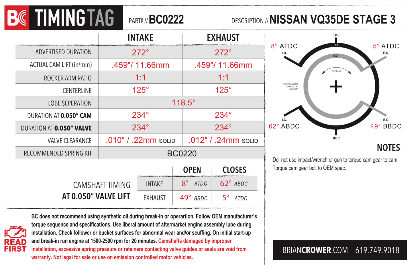 Brian Crower VQDE Stage 3 Race Spec Cam Shaft Set